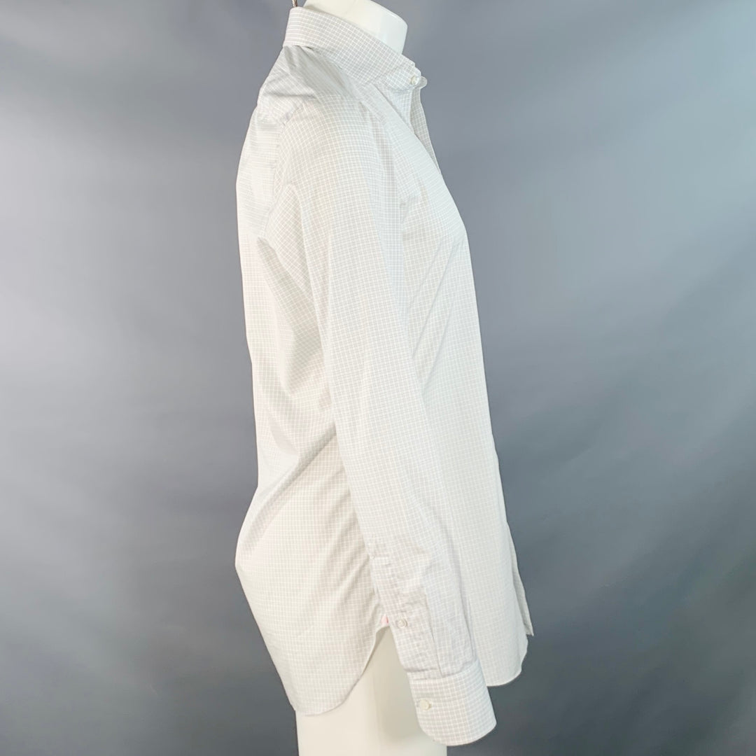 ISAIA Size S White Grey Checkered Cotton Spread Collar Long Sleeve Shirt