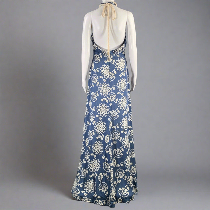 RALPH LAUREN Size 8 Blue White Silk Floral Halter Long Dress