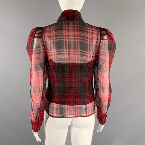 RALPH LAUREN Size 4 Red Black Silk Plaid Balloon sleeves Blouse