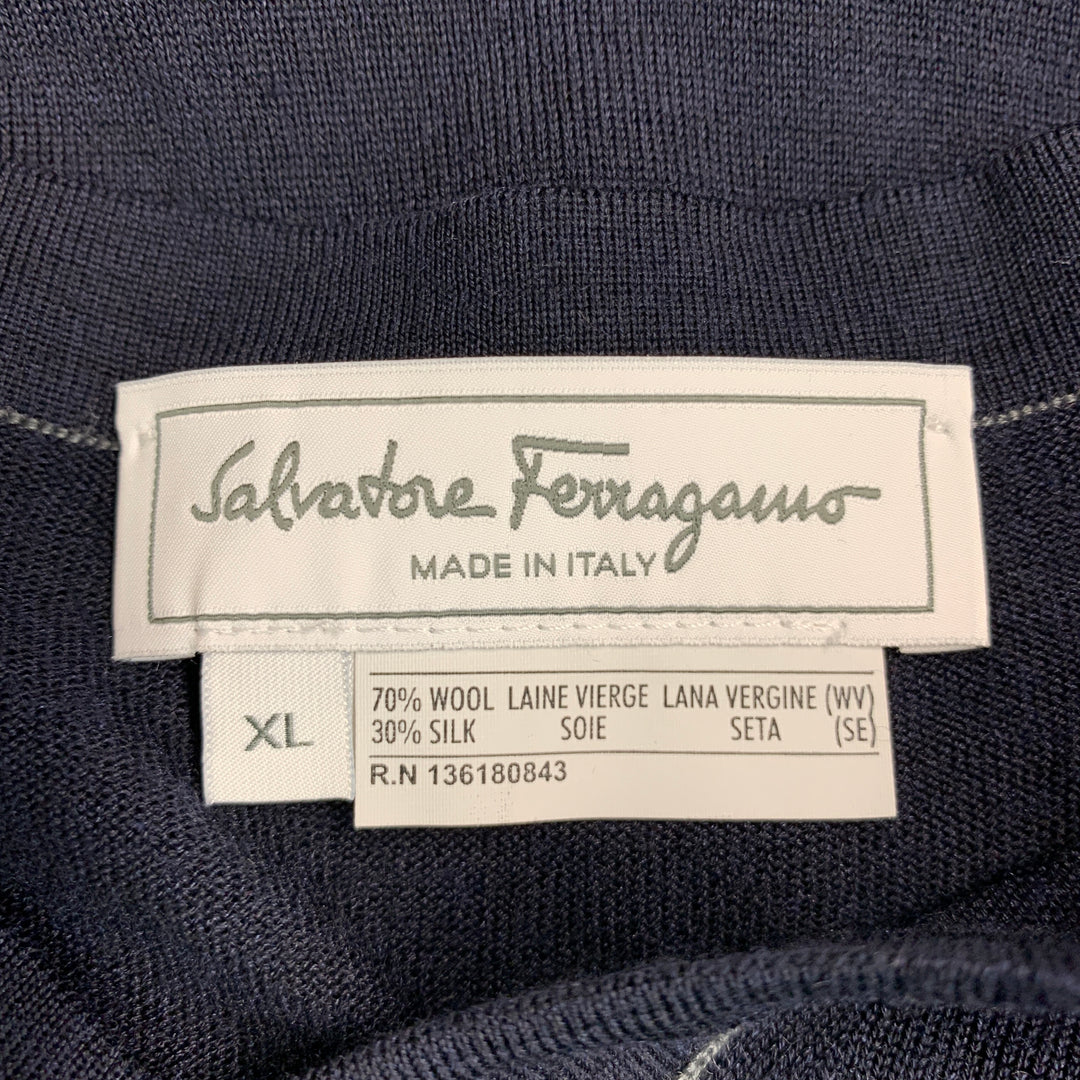 SALVATORE FERRAGAMO Size XL Navy Knit Wool Silk V-Neck Pullover