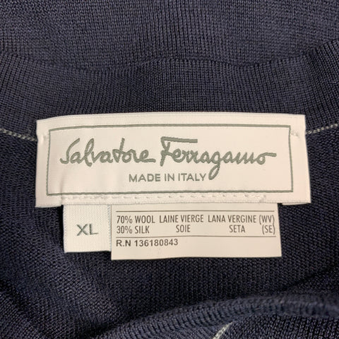 SALVATORE FERRAGAMO Size XL Navy Knit Wool Silk V-Neck Pullover