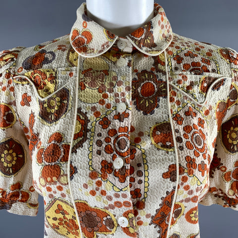 SEE By Chloe Size 8 Cream Rust Cotton Geometric Puff Shoulder Blouse