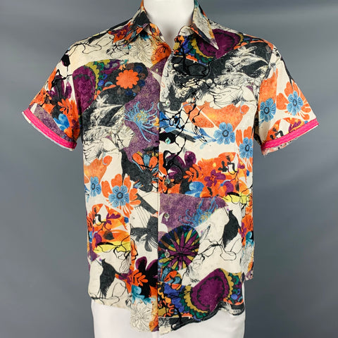 ROBERT GRAHAM Camisa de manga corta con botones de seda con estampado multicolor talla L