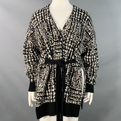 PROENZA SCHOULER Size L Black White Wool Geometric Knit V-Neck Tie Coat