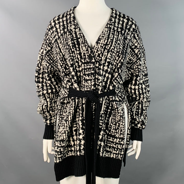 PROENZA SCHOULER Size L Black White Wool Geometric Knit V-Neck Tie Coat