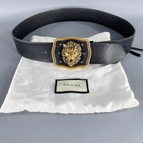GUCCI Size 36 Black Gold Leather Metal Belt