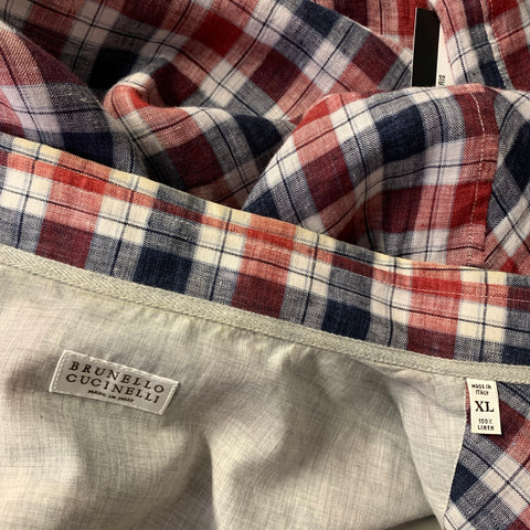 BRUNELLO CUCINELLI Size XL Red White & Blue Plaid Linen Long Sleeve Shirt