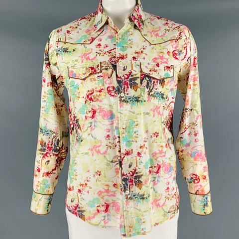 7 DIAMONDS Size L Multi Color Print Cotton Patch Pockets Long Sleeve Shirt