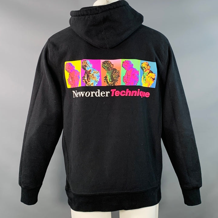 PLEASURES x NEW ORDER TECHNIQUE Size M Black White Rock Concert Cotton Blend Hooded Sweatshirt