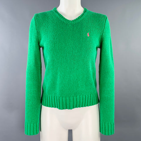 RALPH LAUREN Size S Green Cotton Knit V-Neck Sweater