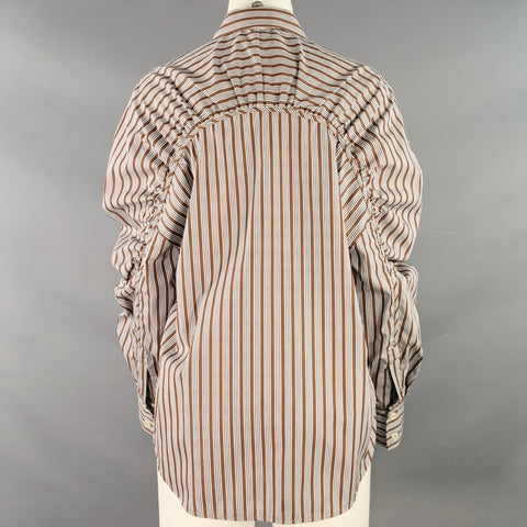 TRESSE' Size 2 Brown Black White Cotton Stripe Ruched Button Up Casual Top
