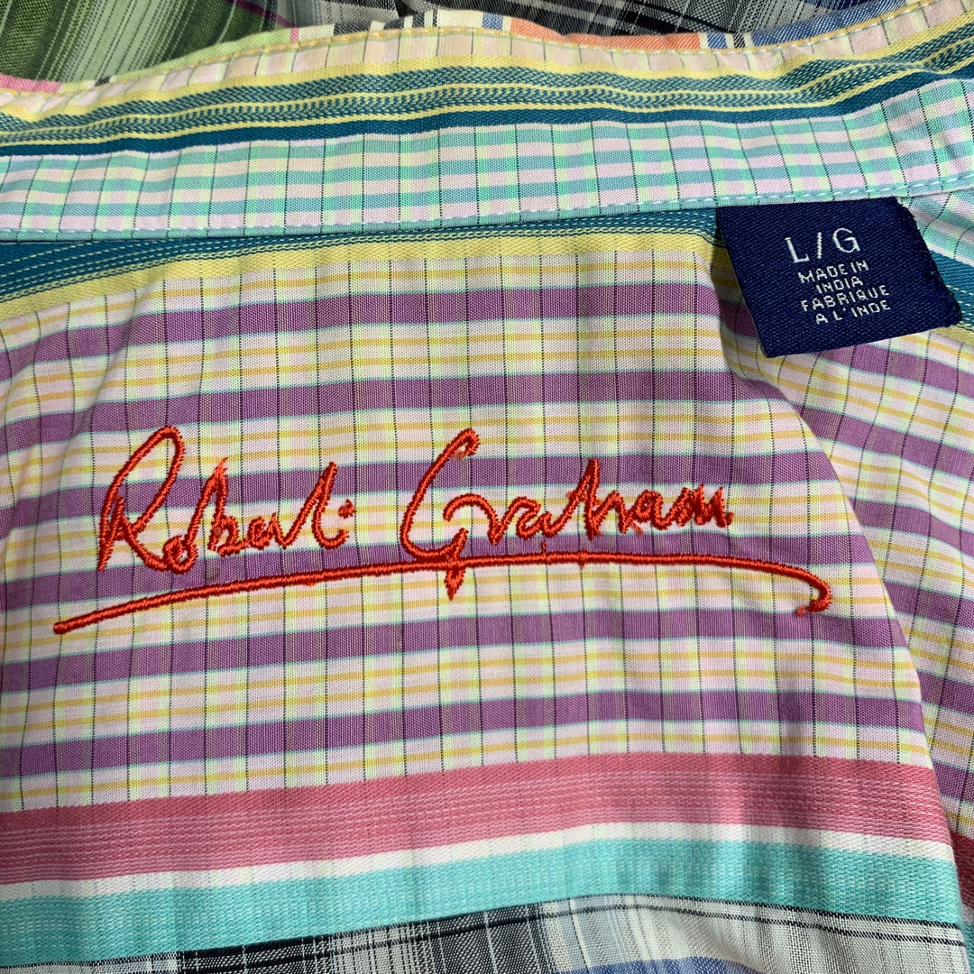 ROBERT GRAHAM Taille L Chemise à manches courtes boutonnée en coton à carreaux multicolores