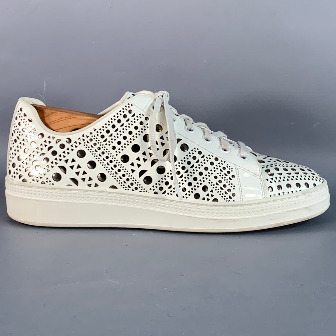 ALAIA Size 9 White Silver Perforated Patent Leather Low Top Sneakers