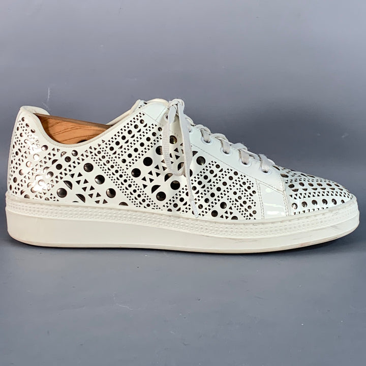 ALAIA Size 9 White Silver Perforated Patent Leather Low Top Sneakers