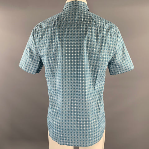 PRADA Size L Blue White Geometric Pointed Collar Short Sleeve Shirt