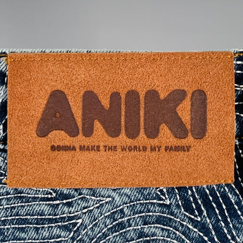 ANIKI Size L Indigo White Embroidery Cotton Wide Leg Straight Zip Fly Jeans