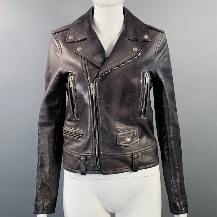 SAINT LAURENT Size 6 Pewter Grey Lambskin Leather Biker Jacket