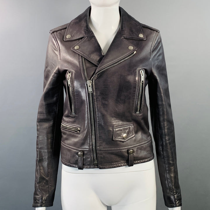 SAINT LAURENT Size 6 Pewter Grey Lambskin Leather Biker Jacket