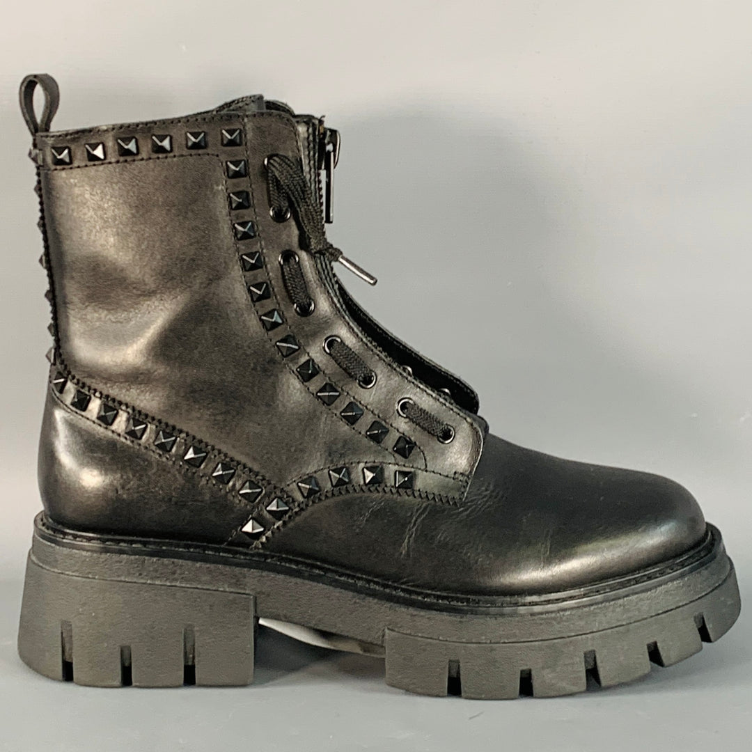 ASH Size 10 Lynch Studs Black Studded Leather Lug Sole Zip Up Combat Boots