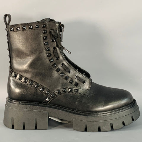 ASH Size 10 Lynch Studs Black Studded Leather Lug Sole Zip Up Combat Boots