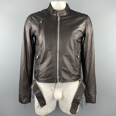 HAUTE Size 42 Black Leather Full Zip High Collar Zip Pockets Raw Hem Jacket