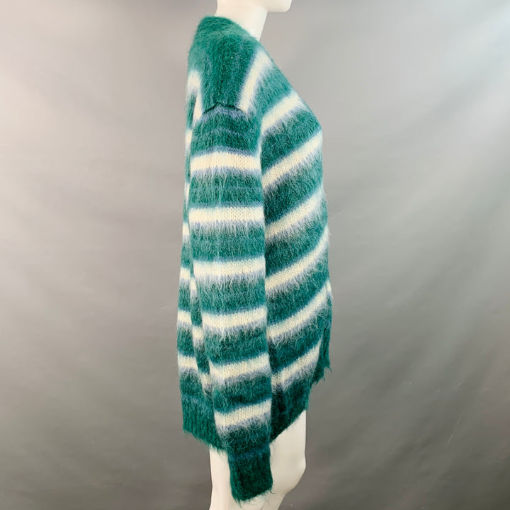 MARNI Size 6 Green Blue White Mohair Blend Stripe V-Neck Cardigan