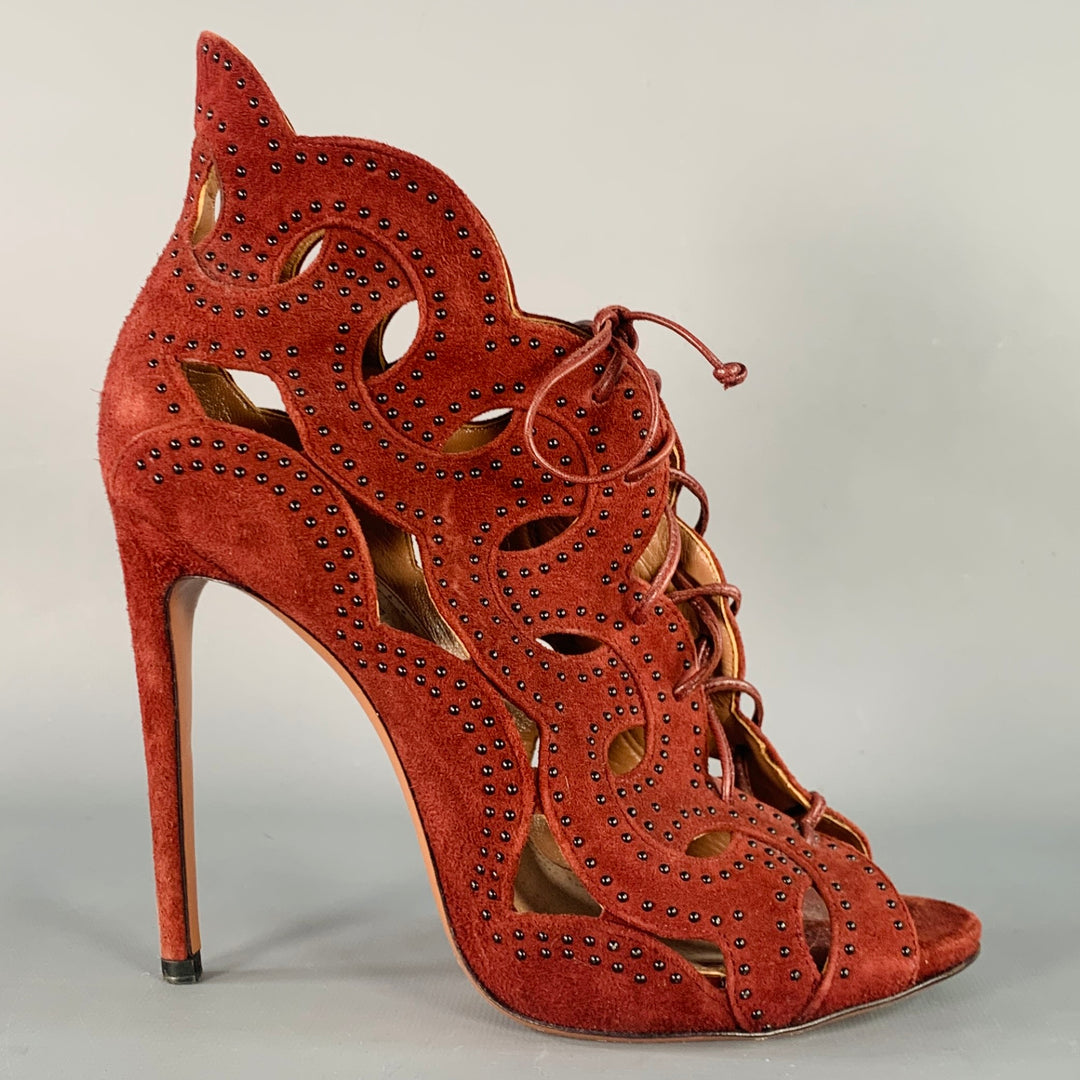ALAIA Size 9.5 Burgundy Suede Studded Cutout Lace-Up Sandals