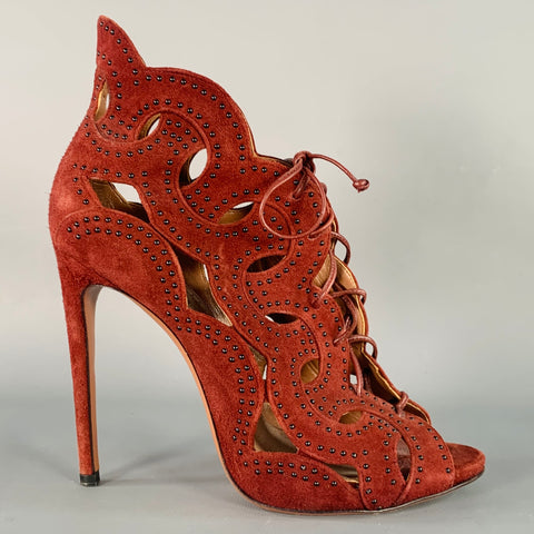 ALAIA Size 9.5 Burgundy Suede Studded Cutout Lace-Up Sandals