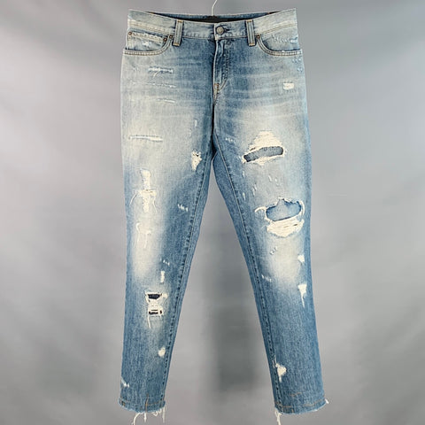 DOLCE & GABBANA Size 30 Blue Distressed Denim Tapered Jeans