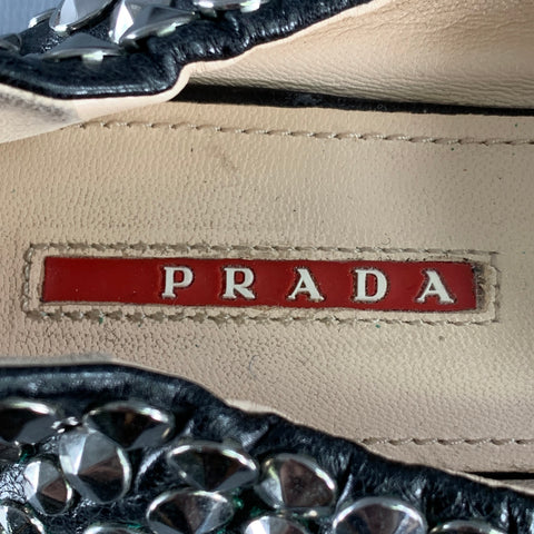 PRADA Size 7.5 Black Silver Leather Studded Slip On Loafers Flats