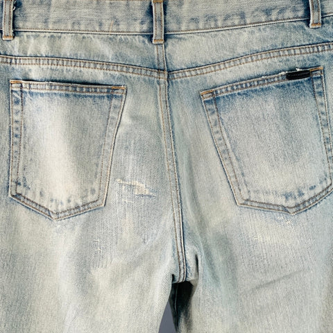 SAINT LAURENT Size 31 Blue Distressed Cotton Tapered Zip Fly Jeans