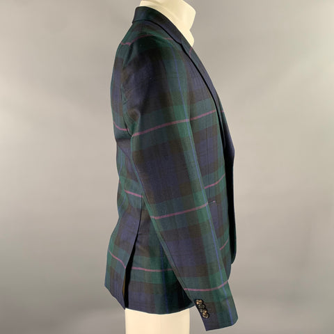 PAUL SMITH Size 40 Green Navy Tartan Wool Silk Notch Lapel Sport Coat