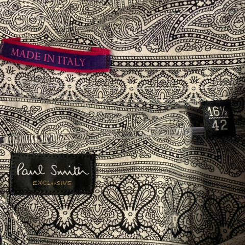 PAUL SMITH Size L White Black Paisley Cotton Spread Collar Long Sleeve Shirt