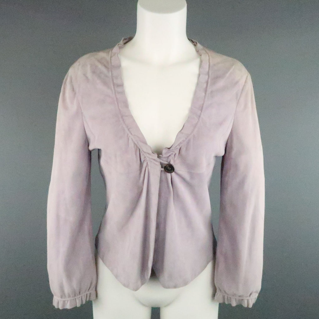 GIORGIO ARMANI Size 12 Lavender Suede Ruffle Trim Cardigan Jacket