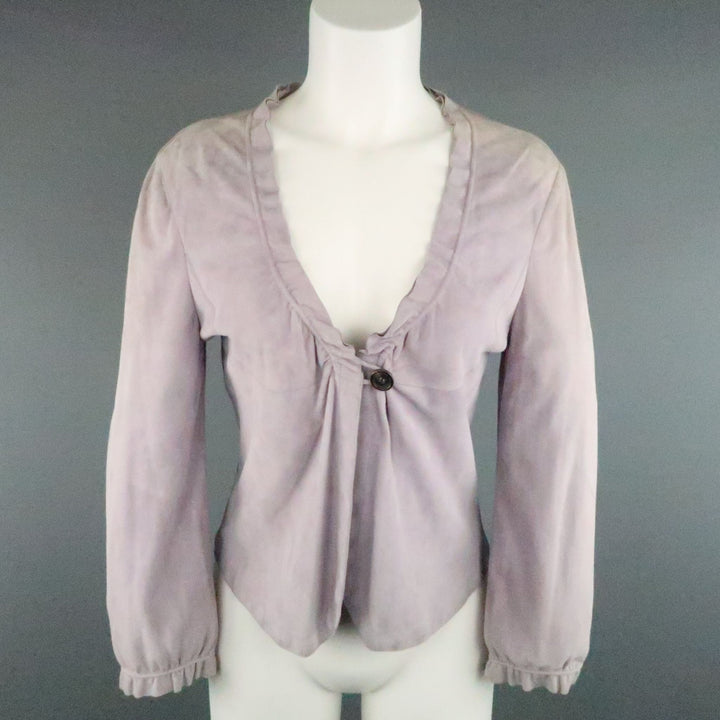GIORGIO ARMANI Size 12 Lavender Suede Ruffle Trim Cardigan Jacket