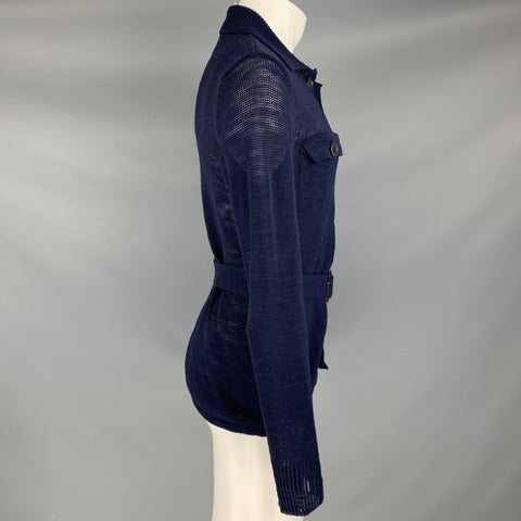 DRIES VAN NOTEN Size M Navy Knit Linen Blend Buttoned Cardigan