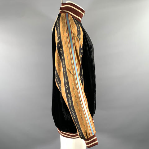 GUCCI Size XL Black Gold Burgundy Chain Print Viscose Silk Track Jacket
