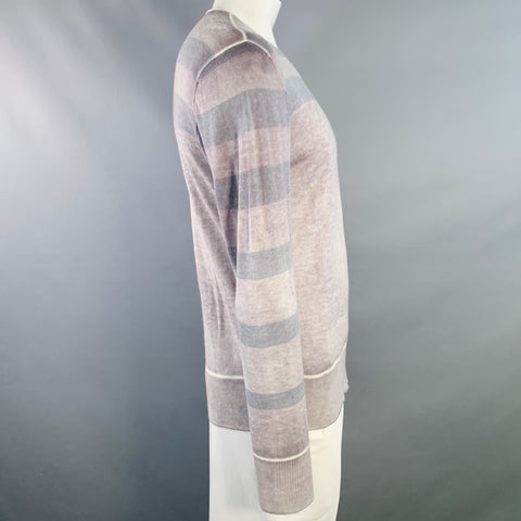 JOHN VARVATOS Size L Grey Purple Stripe Silk Cashmere V-Neck Pullover