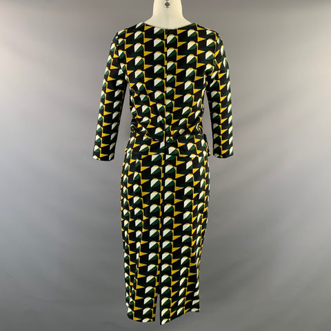 AZADEH Size M Black White Green & Yellow Polyester Blend Geometric Belted Dress