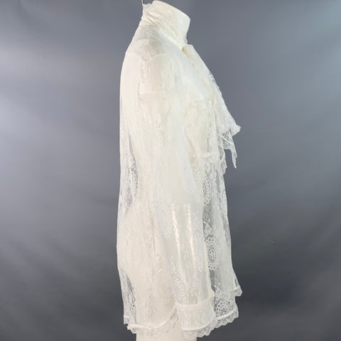 BURBERRY Size M White Lace Viscose Blend Bow Long Sleeve Shirt