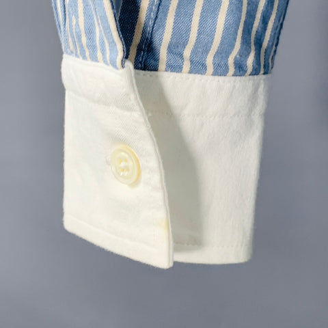 NEEDLES Size L Blue White Stripe Cotton Pleated Bib Collarless Long Sleeve Shirt