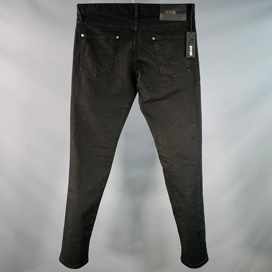 JUST CAVALLI Size 33 Black Silver Studded Cotton Blend Denim Button Fly Jeans