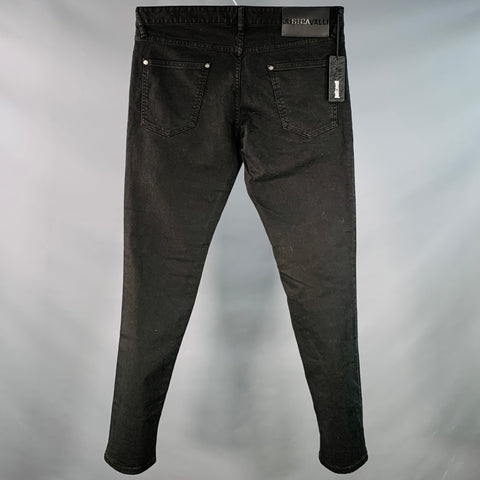 JUST CAVALLI Size 33 Black Silver Studded Cotton Blend Denim Button Fly Jeans