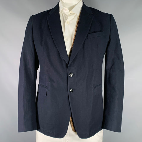 DRIES VAN NOTEN Size 46 SS15 Navy Woven Cotton Notch Lapel Sport Coat