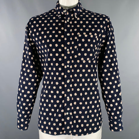 Chemise manches longues GITMAN VINTAGE taille XL en coton imprimé floral bleu marine et blanc avec boutons