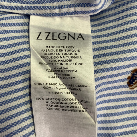 ZEGNA Size XL Blue White Stripe Cotton One Pocket Long Sleeve Shirt
