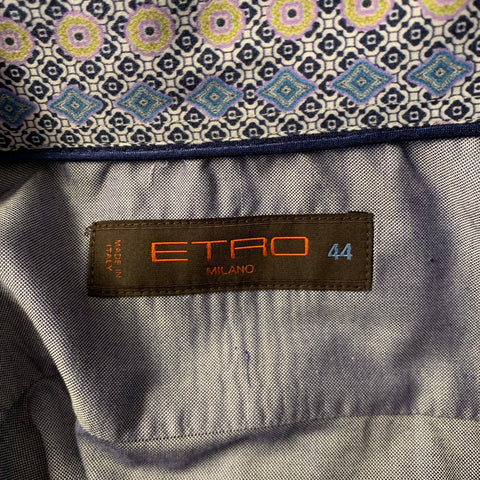 ETRO Size XL Blue Yellow Geometric Pointed Collar Long Sleeve Shirt