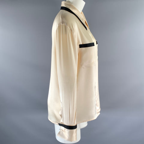 CHANEL Size M Cream Black Silk French Cuff Blouse