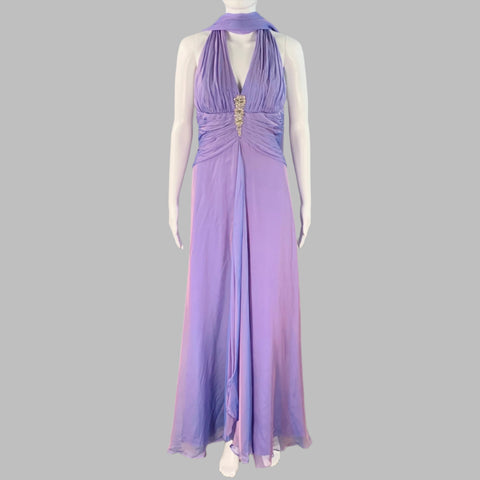 BADGLEY MISCHKA Size S Purple Lilac Silk Iridescent Halter Evening Gown