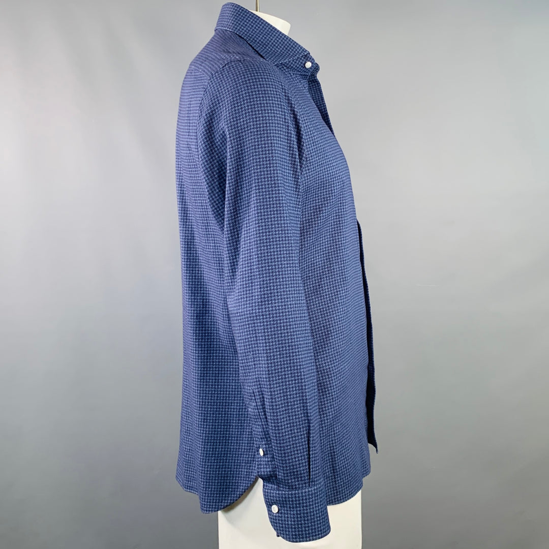 ISAIA Size L Navy Black Houndstooth Cotton Spread Collar Long Sleeve Shirt